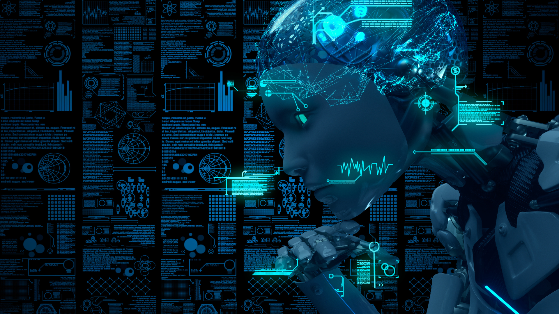 immagine artificiale con persona che pensa e grafica che richiama l’intelligenza artificiale